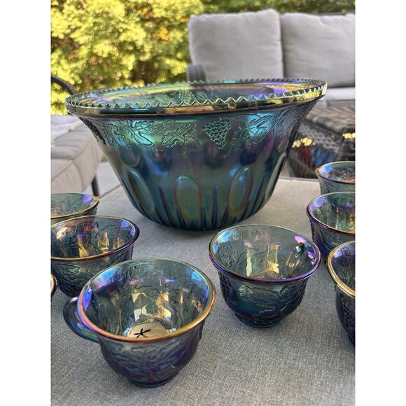 VINTAGE INDIANA GLASS IRIDESCENT BLUE HARVEST CARNIVAL GLASS PUNCH BOWL SET - Picture 3 of 11